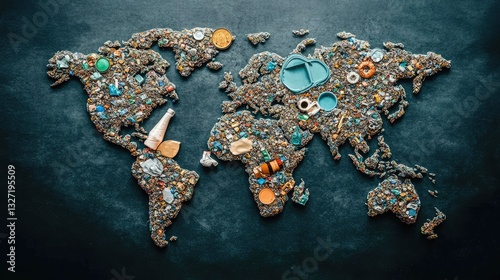 Fototapeta Naklejka Na Ścianę i Meble -  Concept image of a world map filled with recyclable items, representing global sustainability.