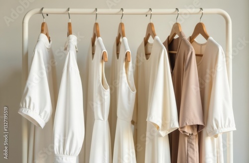 Clothing rack displaying pastel and neutral garments, including T-shirts, blouses in white, milk; beige and taupe pastel shades