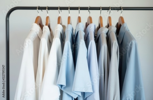 Clothing rack displaying pastel and neutral garments, including T-shirts, blouses in white, blue and grey pastel shades