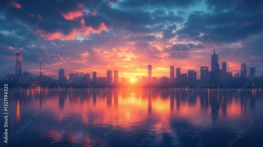 City Skyline at Dusk with Sustainable Energy Sources. Generative AI City Skyline at Dusk with Sustainable Energy Sources. Generative AI
