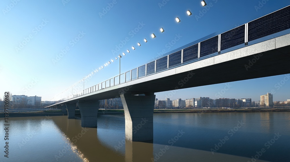 Energy-efficient bridge with integrated solar panels and LED smart lighting systems. Energy-efficient bridge with integrated solar panels and LED smart lighting systems.