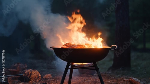 Wallpaper Mural Evening campfire cooking with flames and smoke rising from a grill in a serene forest setting Torontodigital.ca