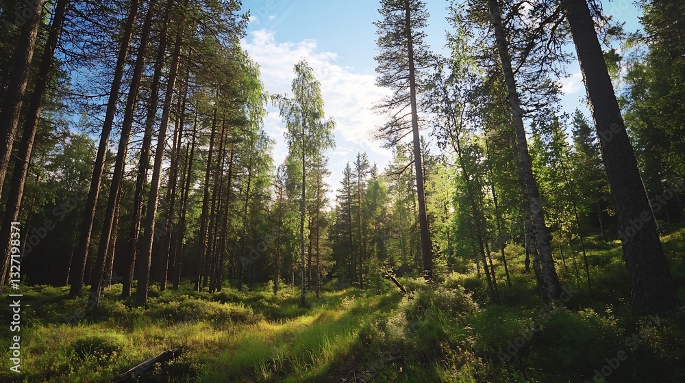 Obraz premium Sunlight filtering through tall trees in a beautiful serene forest landscape : Generative AI