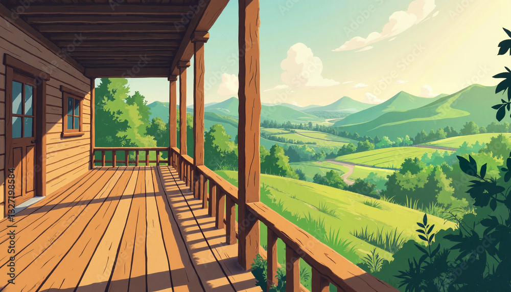 Rustic wooden terrace overlooking expansive greenery, morning serenity Rustic wooden terrace overlooking expansive greenery, morning serenity