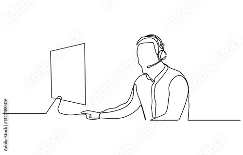 Man customer service in headphones with microphoneOne continuous one line drawing Customer service is constantly interacting with different consumers and resources with laptop.