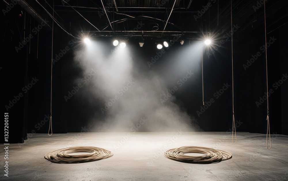 Obraz premium Empty stage with dramatic lighting, two golden circular objects on the floor, and subtle smoke or dust particles in the air. Dark background and spotlights create a mysterious atmosphere