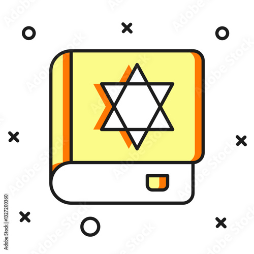 Filled outline Jewish torah book icon isolated on white background. On the cover of the Bible is the image of the Star of David. Flat filled outline style with shadow. Vector
