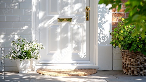 Charming Front Door Scene with Flower Pot, Welcome Mat, and Sunlit Shadow Effects on White Wall