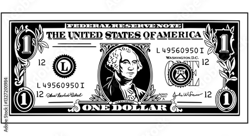 Vector black and white illustration of a one-dollar banknote from the United States. Isolated on a white background. Perfect for business, finance, and design projects.