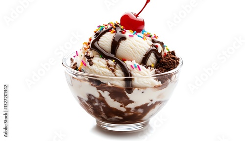 Delicious Ice Cream Sundae in Glass Bowl with Chocolate and Cherry