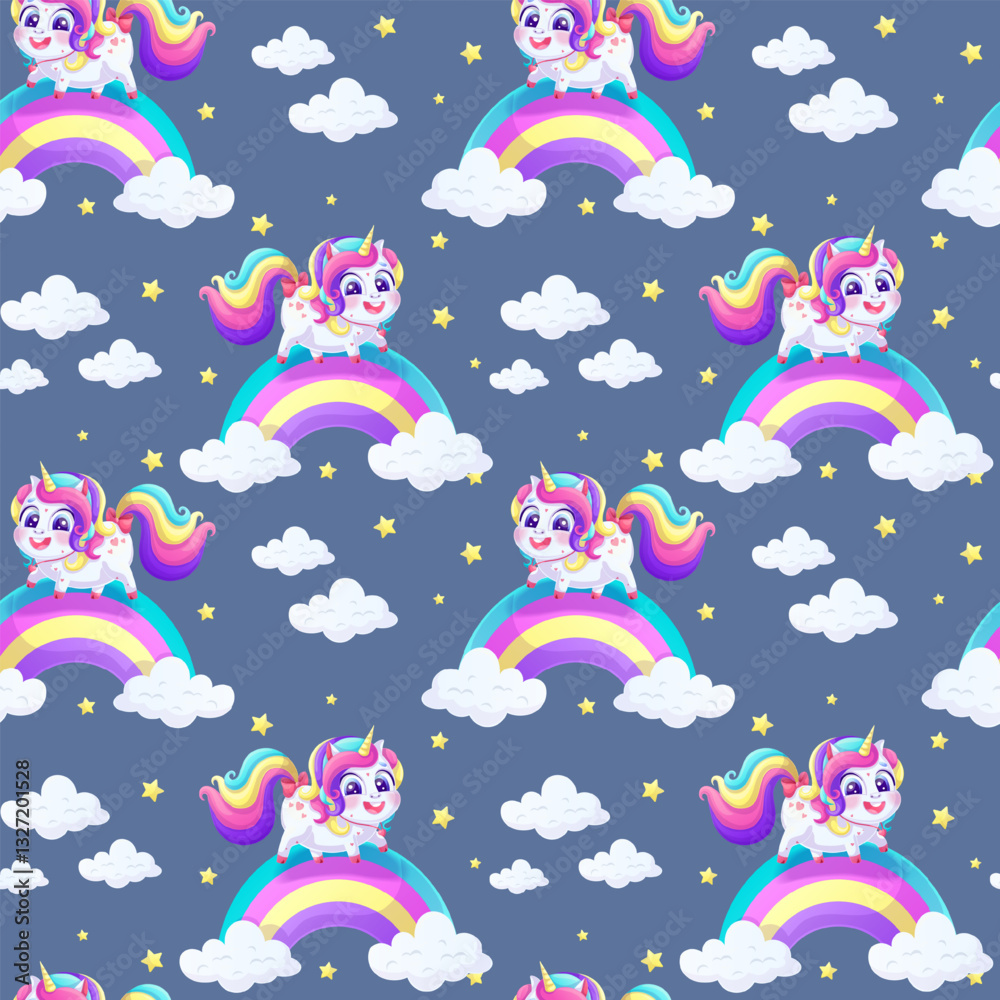 Seamless pattern with a cute joyful unicorn standing on a rainbow on a dark blue background with stars and clouds. Vector illustration for the design of postcards, clothing, textiles, banners, posters Seamless pattern with a cute joyful unicorn standing on a rainbow on a dark blue background with stars and clouds. Vector illustration for the design of postcards, clothing, textiles, banners, posters