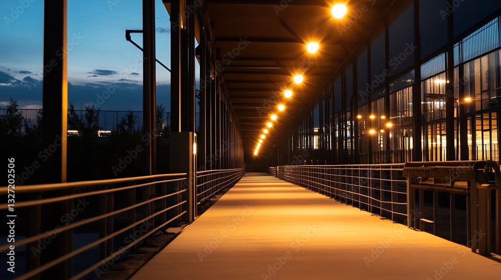 Modern illuminated walkway at dusk creating a cozy atmosphere with warm light tones : Generative AI Modern illuminated walkway at dusk creating a cozy atmosphere with warm light tones : Generative AI