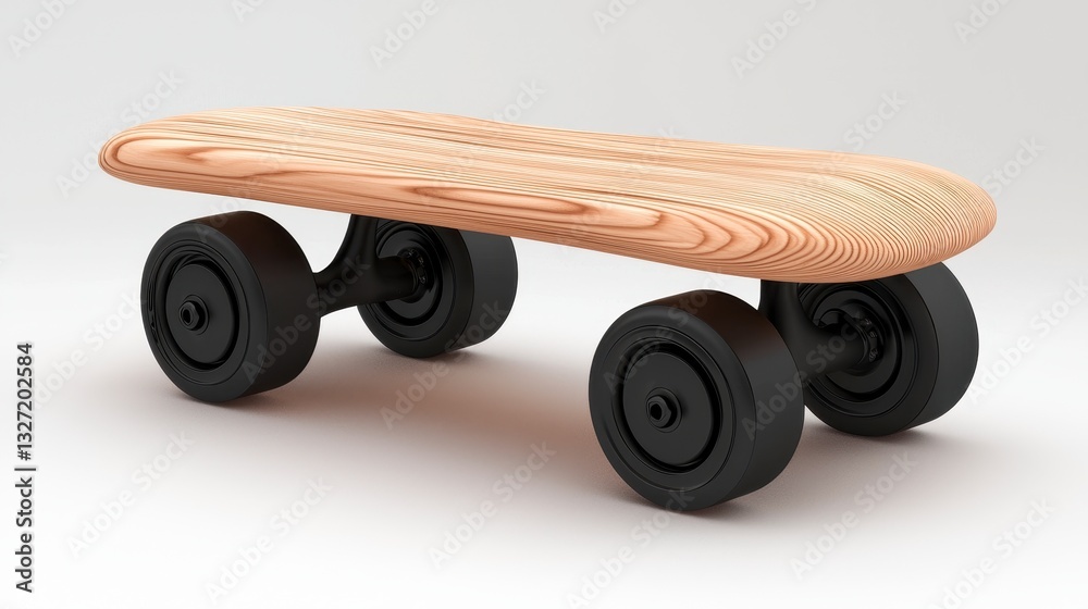 Fototapeta premium Beige Wooden Skateboard with Black Wheels on White Background