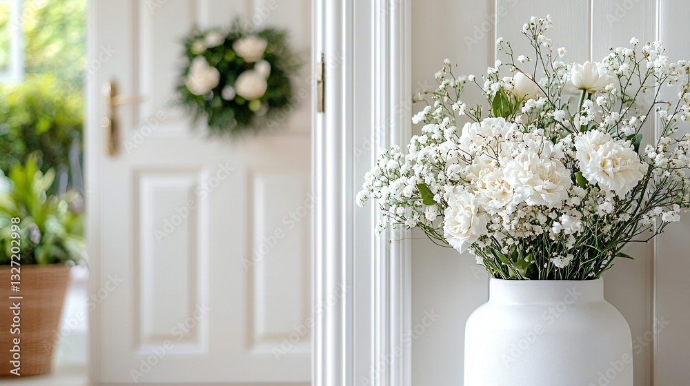 Fototapeta premium Elegant White Flowers in Simple Vase with Soft Background and Open Doorway in Bright Interior Space