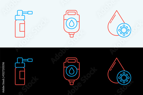 Set line Blood test and virus, Bottle with nozzle spray and IV bag icon. Vector
