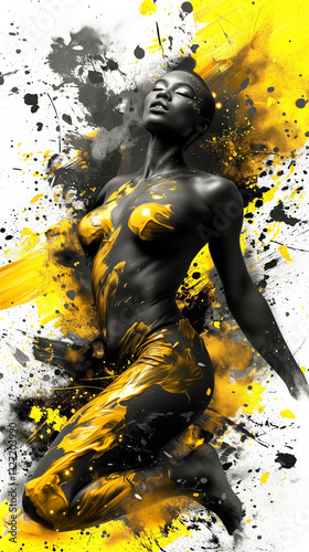 Beautiful digital painting of a naked woman on abstract splash paint stains background isolated on white, black lady with yellow color on her body, nice face, eyes shut, modern art silhouette drawing