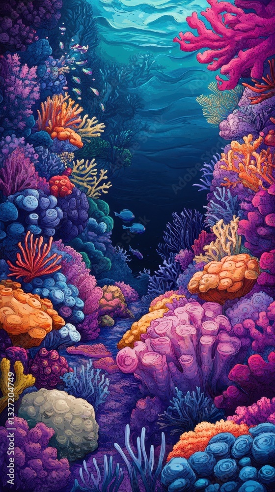 Fototapeta premium Vivid depiction of diverse coral formations in the deep ocean
