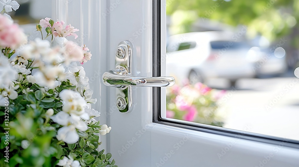 Fototapeta premium Beautiful Floral Arrangement Near Open Window with Modern Handle and Soft Outdoor Background