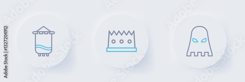 Set line Executioner mask, King crown and Medieval flag icon. Vector