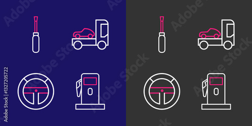 Set line Petrol or Gas station, Steering wheel, Car transporter truck and Screwdriver icon. Vector