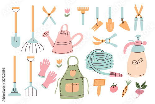 Set of gardening items in hand drawn style.
