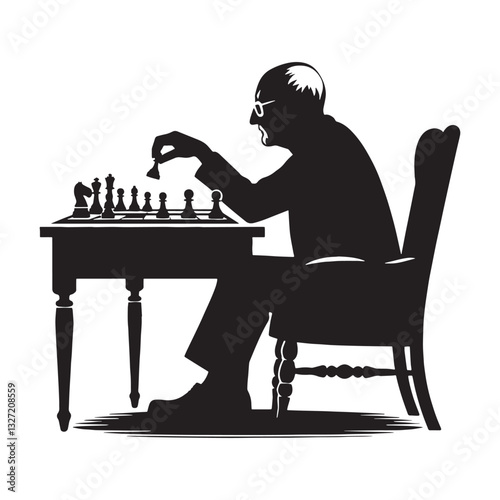 Lone Thinker Old Man Playing Chess silhouette, playing against himself - Old Man illustration - Minimalist Old Man vector - Reflective elder
