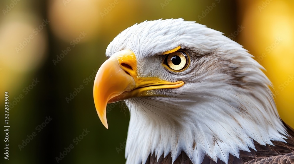 Fototapeta premium Close-up of a bald eagle's intense golden eyes and sharp beak, fierce and striking wildlife portrait