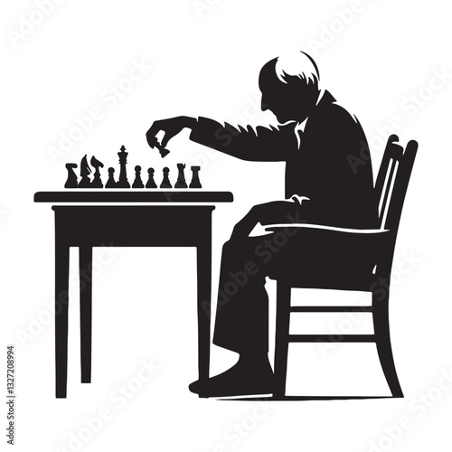 Focused Old Man Playing Chess silhouette, eyes locked on the checkmate - Old Man illustration - Minimalist Old Man vector - Master tactician
