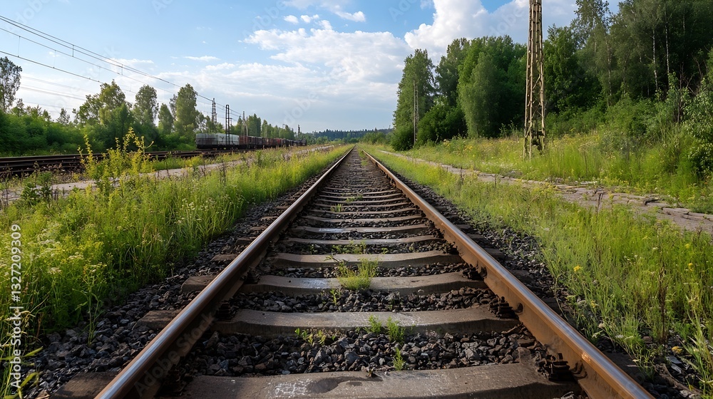 Fototapeta premium Abandoned railway track with lush greenery on both sides illustrating nature reclaiming urban spaces : Generative AI