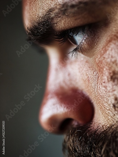 Intense close up portrait of a man showcasing focus in his eyes and textured skin with detailed lighting : Generative AI