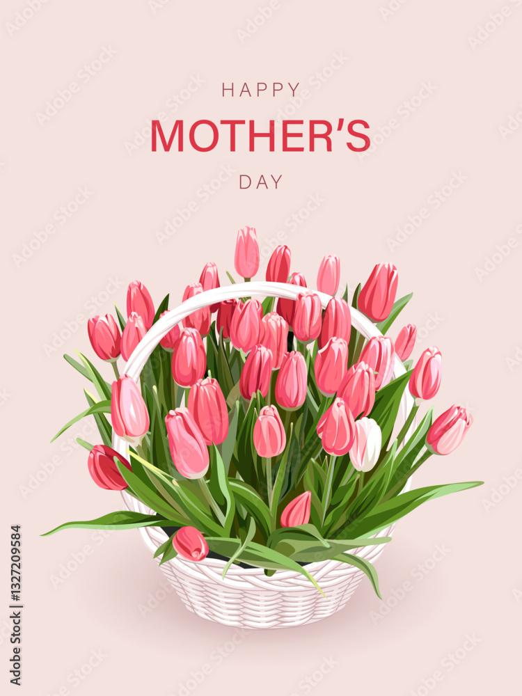 Obraz premium A wicker baskets with a bouquet of flowers isolated on a light background. Pink Tulips. Banner for Mother's Day. 