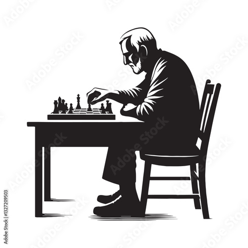 Deep in Thought Old Man Playing Chess silhouette, contemplating the next step - Old Man illustration - Minimalist Old Man vector - Tactical mind
