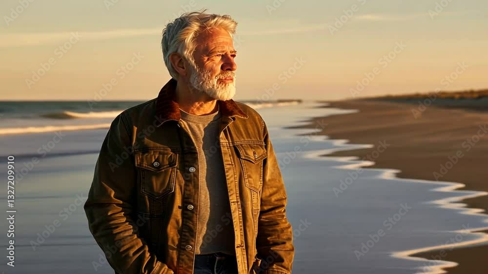 Älterer Mann genießt den Sonnenuntergang am Strand