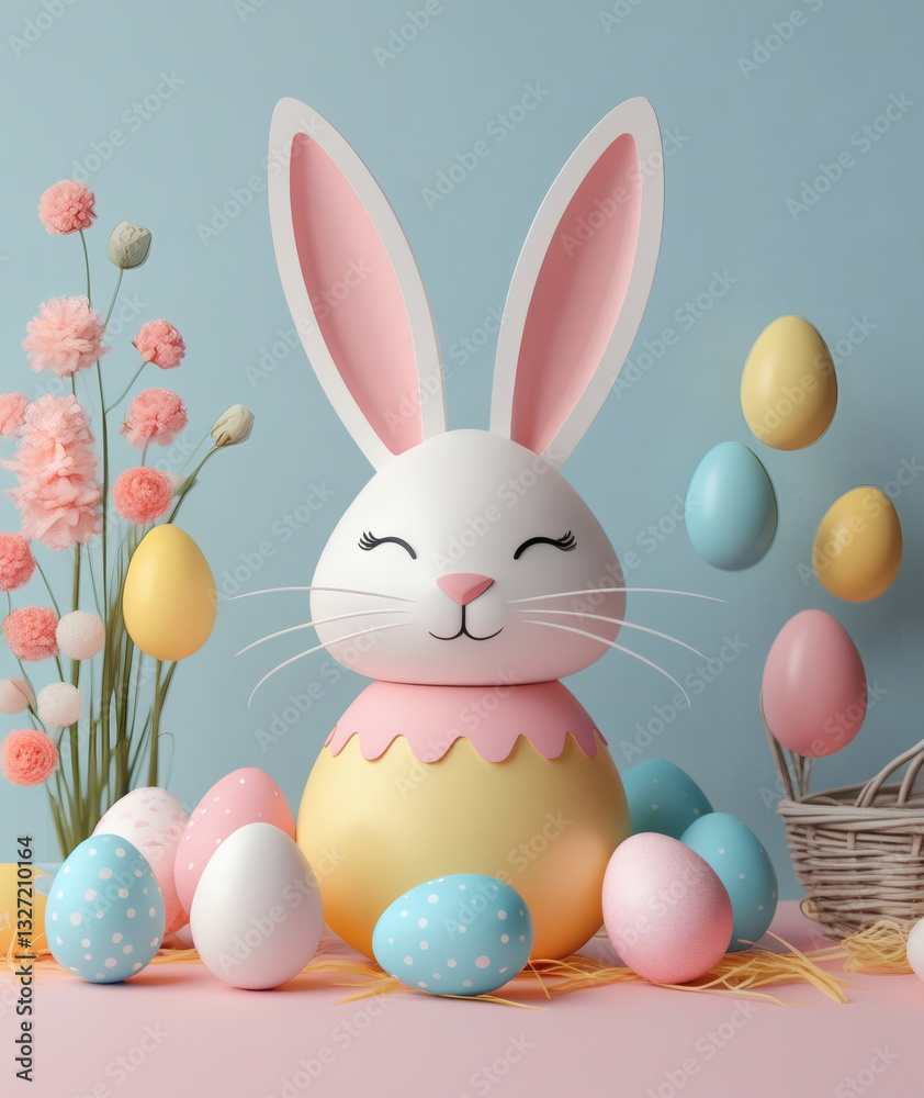 Obraz premium Whimsical Easter celebration with cheerful bunny and colorful eggs in a pastel setting
