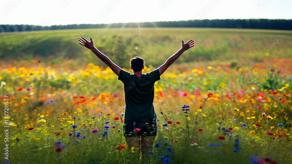 Mann rennt glücklich durch eine Blumenwiese