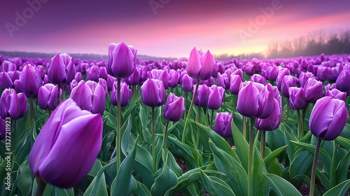 Field of blooming purple tulips, vast and vibrant scenery, deep rich colors