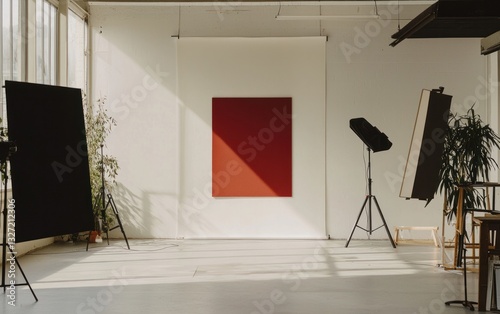 Bright studio interior with a large red artwork on display, photography equipment, and potted plants. Sunlight streams through the windows, casting shadows on the floor
