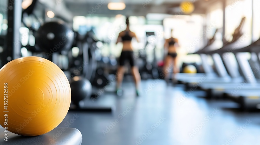 Yellow exercise ball in a busy gym focusing on fitness enthusiasts engaging in workouts : Generative AI Yellow exercise ball in a busy gym focusing on fitness enthusiasts engaging in workouts : Generative AI