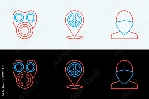 Set line Vandal, Gas mask and Location peace icon. Vector