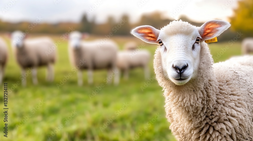 Fototapeta premium Closeup shot of a friendly sheep in a grassy field highlighting its fluffy wool and inquisitive expression : Generative AI