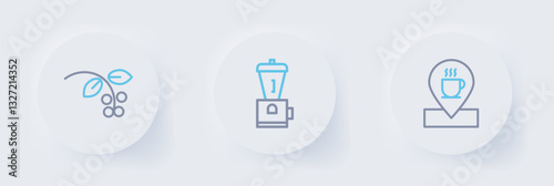 Set line Location with coffee cup, Electric grinder and Coffee bean, branch icon. Vector