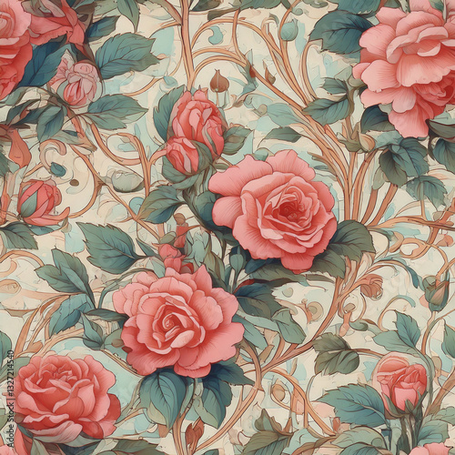 Beautiful Floral ROSES Pattern with Leaves and Blooming Flowers on a Soft Texture Background