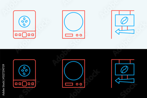 Set line Street signboard coffee, Electronic scales and icon. Vector