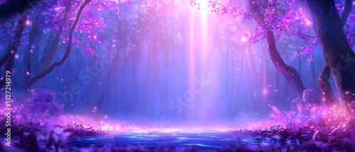 A forest with pink and purple flowers and a fairy flying over it