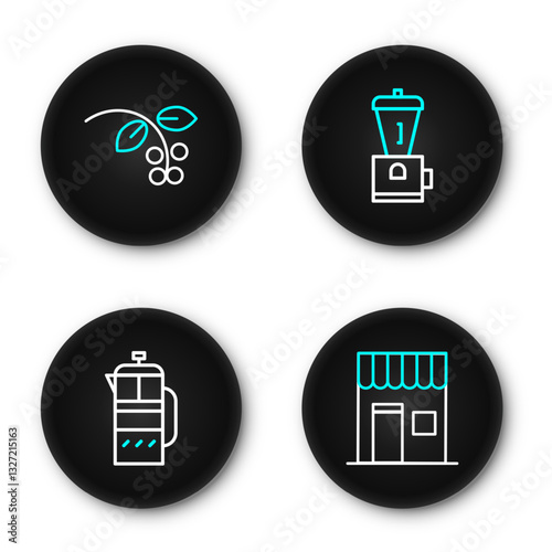 Set line Coffee shop, French press, Electric coffee grinder and bean, branch icon. Vector