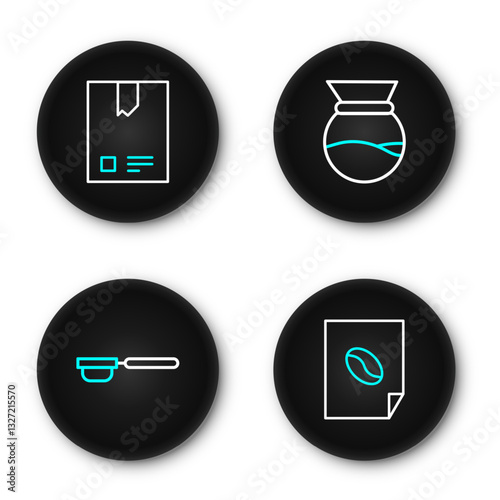 Set line Coffee poster, filter holder, Pour over coffee maker and Bag beans icon. Vector