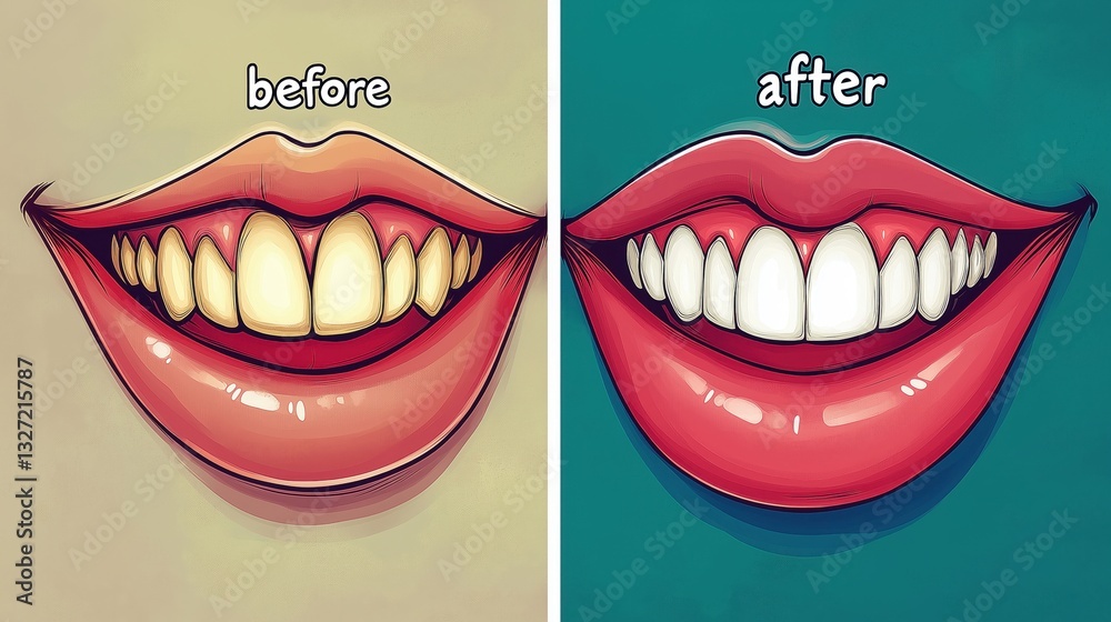 Naklejka premium A before and after illustration of teeth whitening, showing a dramatic difference in the smile. Ideal for dental, health, or cosmetic treatment themes