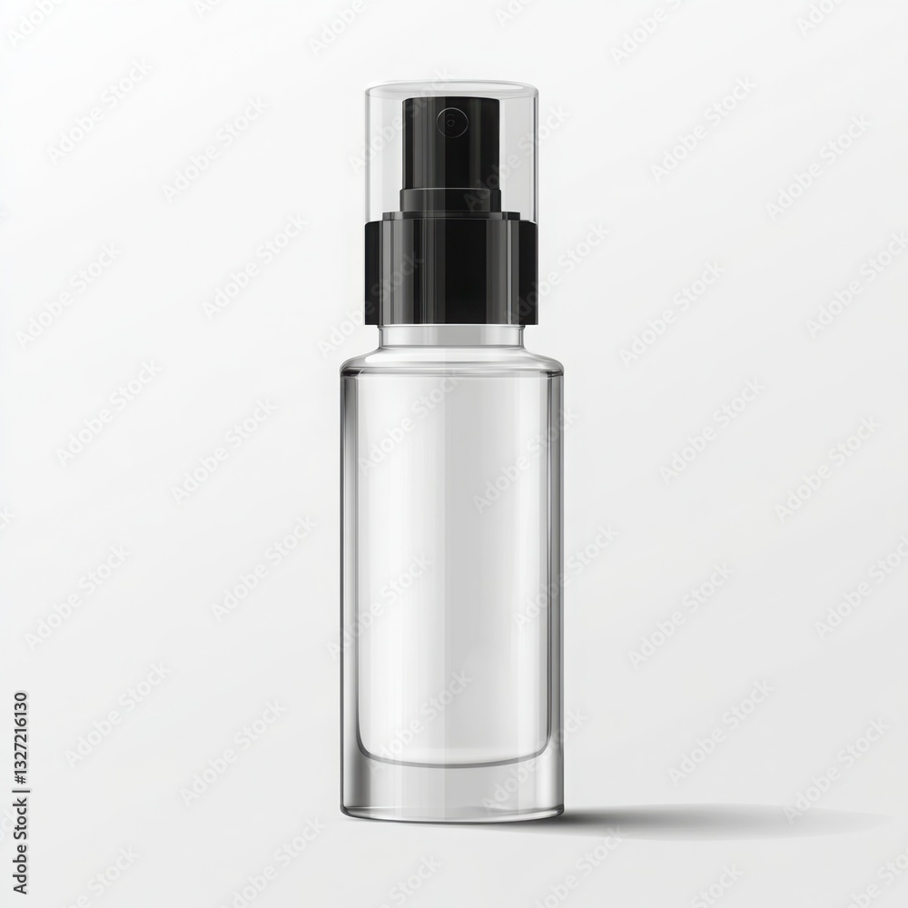 Glass bottle with pump and cap: A clear glass bottle with a black pump and transparent cap, creating a sleek and modern design. Ideal for showcasing products or cosmetic liquids Glass bottle with pump and cap: A clear glass bottle with a black pump and transparent cap, creating a sleek and modern design. Ideal for showcasing products or cosmetic liquids