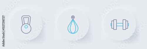Set line Dumbbell, Punching bag and Kettlebell icon. Vector