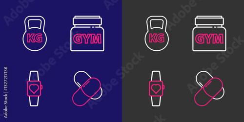 Set line Sports nutrition, Smartwatch, and Kettlebell icon. Vector